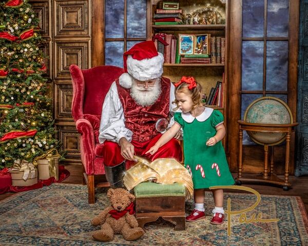 A little girl in a green dress visiting Santa Ray in his library