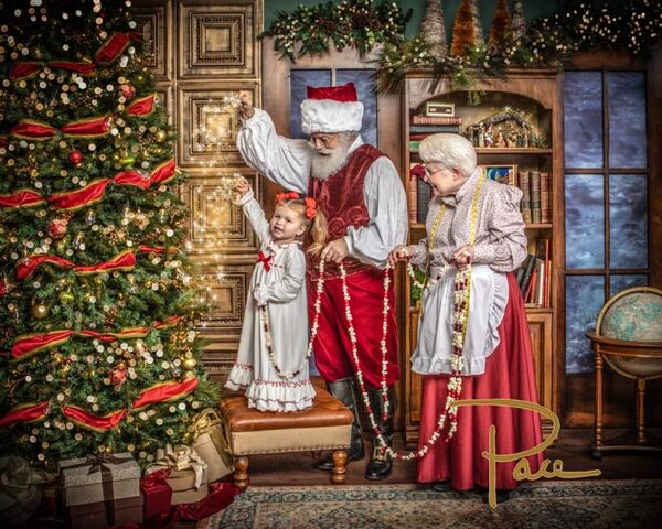 Santa Ray with a child in a Christmas library set