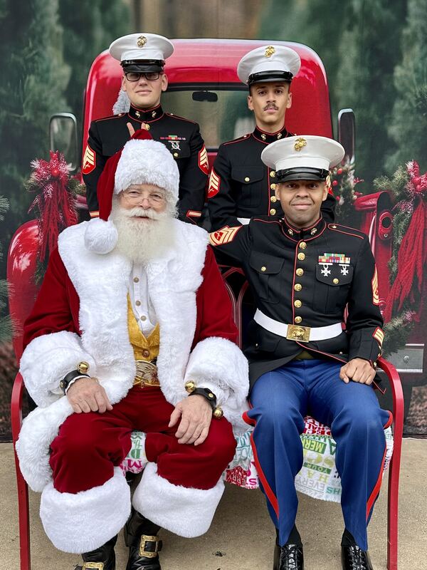 Santa Ray with two Marines in dress blues